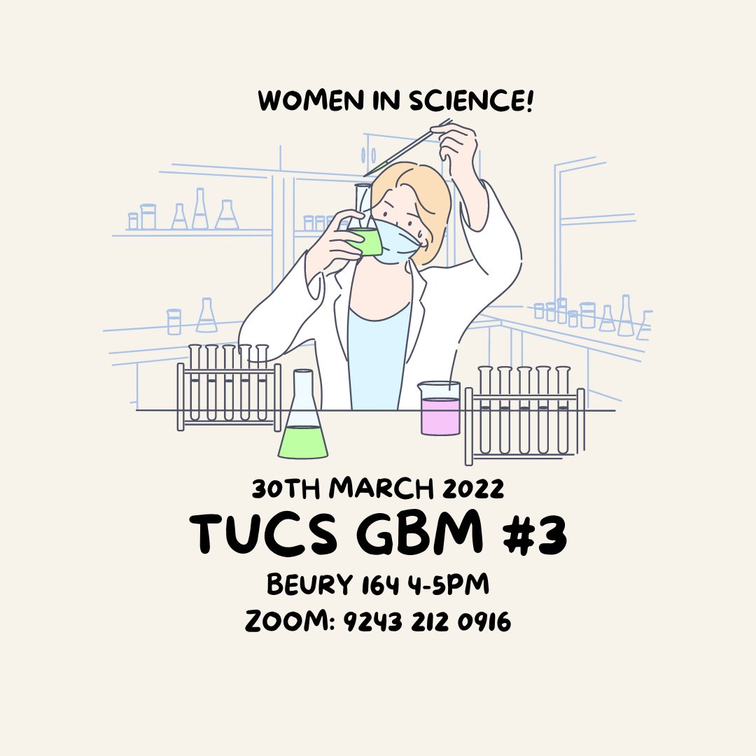 Today is TUCS’s GBM #3 with the theme women in science! Come join TUCS in Beury from 4-5pm or on zoom with the code 9243 212 0916! There will be a cool experiment regarding FIRE. DON’T MISS IT. RSVP HERE: docs.google.com/forms/d/e/1FAI…