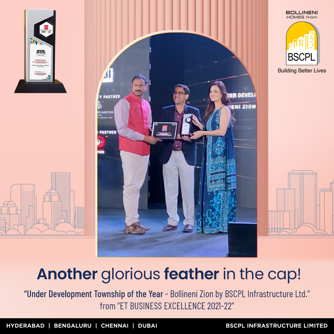 bscplblr's tweet photo. We are extremely honored to announce that Bollineni Zion by BSCPL Infrastructure Ltd. has received an award as the “Under Development Township of the Year” from ET BUSINESS EXCELLENCE 2021-22. We thank the jury and all our supporters for their trust and appreciation.  
#BSCPL https://t.co/hnBNgKYcNh