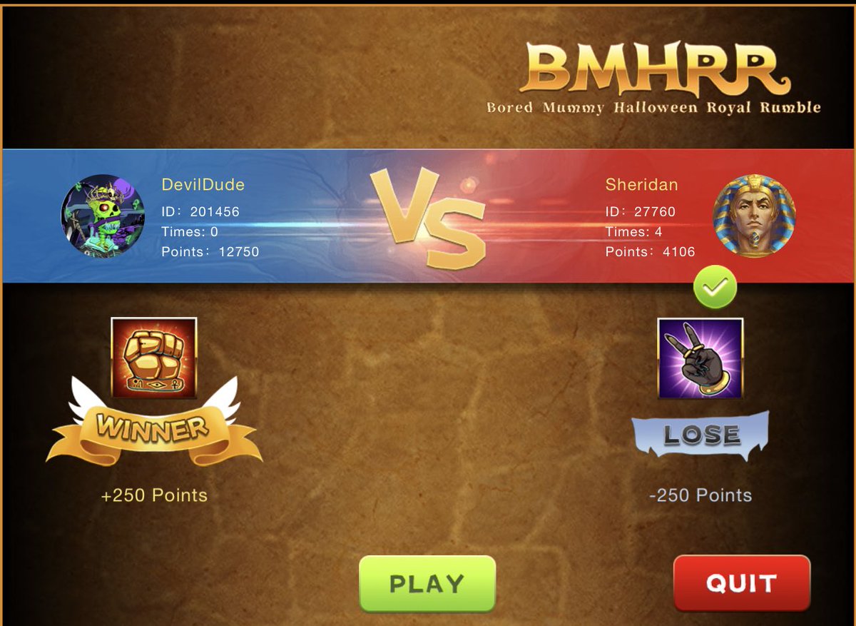 Shibaxx1's tweet photo. GM #NFTCommunity 😈🖤

Did y’all know our Royal Rumble game is 🚨😈 LIVE 😈🚨Go check the website!! 

BMHRR holders go get them points!! Ten plays a day, with a chance of a prize when the tournament is over!
@BoredMummyWU 
#BMWU #BMHRR #BMBWU #BMMTM #NFT #NFTGame #Metaverse #ETH https://t.co/UTZlr1lpl3