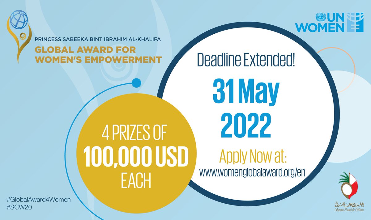 unwomenarabic's tweet photo. 📣 Announcement ‼️
 
The deadline to apply for the Princess Sabeeka Bint Ibrahim Al Khalifa  #GlobalAward4Women’s Empowerment has been extended until 31st May 2022.
 
Learn more &amp; apply now 👇
https://t.co/zn0yNDboa5
#Bahrain #SCW20 @Scwbahrain https://t.co/yy1PWatjl9