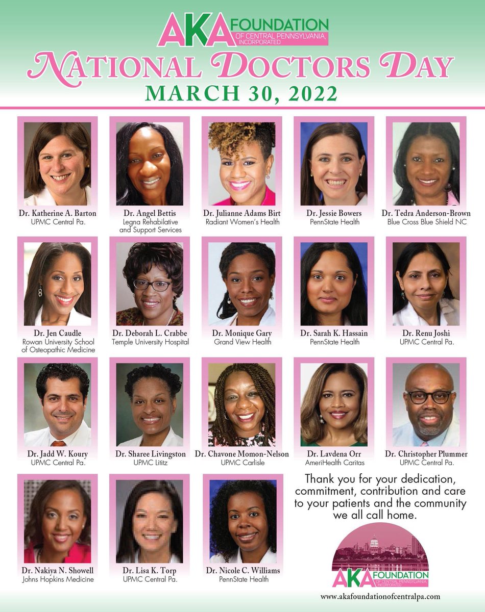 AKAFCP's tweet photo. We are grateful to you for always being there for your patients and the care that you give. Thank you for supporting our health and wellness programs by sharing your expertise. Happy National Doctors Day! #NationalDoctorsDay 
#makingadifference #akafoundationofcentralpa https://t.co/jkpV1hT3Fq