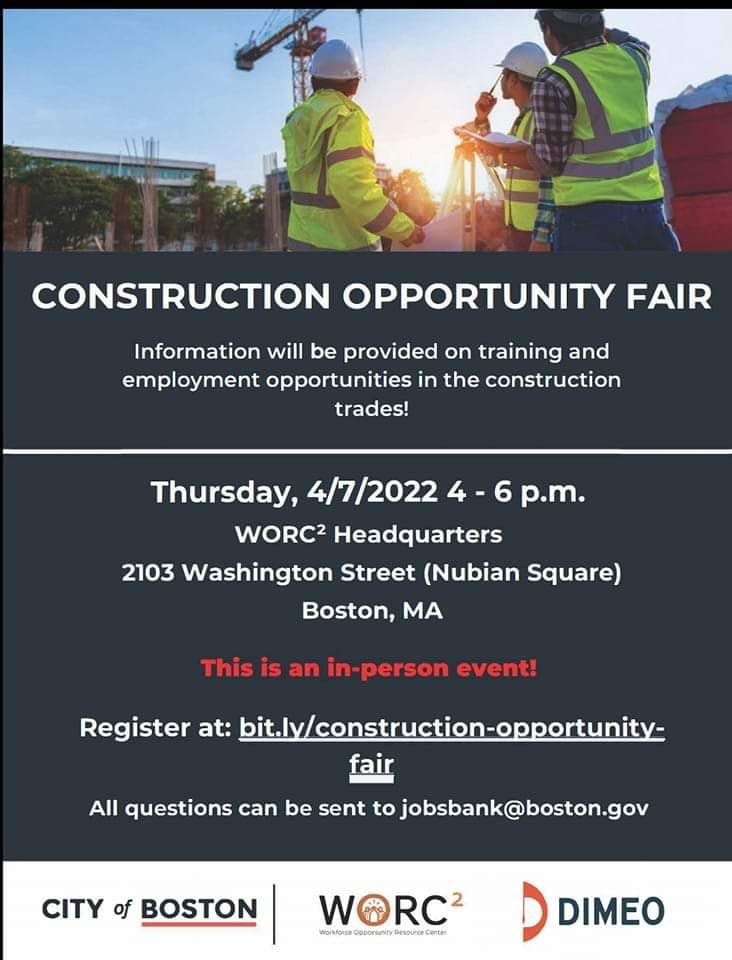 juliaforboston's tweet photo. Construction opportunity #jobfair! Happening Thursday April 7th in Nubian Square! Register at: https://t.co/HyaNJh9VvU
#BostonWorks https://t.co/nkWOE71pON