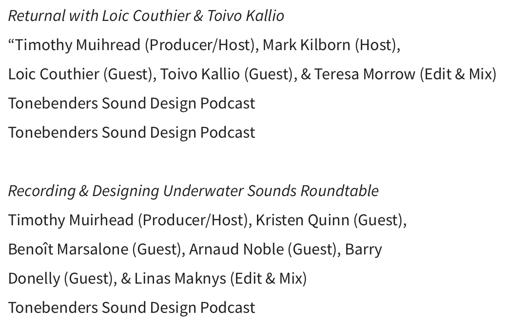 Tonebenders in honoured to be 2x nominated at 2022 <a href="/audiogang/">Game Audio Network Guild</a> G.A.N.G. Awards! Our eps w/ sound team of #Returnal &amp; our Roundtable on Underwater Sounds were nominated in the media category. <a href="/markkilborn/">Mark Kilborn</a> <a href="/GameAudioGirl/">Kristen Quinn</a> <a href="/BenoitMarsalone/">Benoît Marsalone</a> <a href="/Noble_Arnaud/">Arnaud Noble</a> <a href="/LoicCouthier/">Loïc Couthier</a> @toistinen84