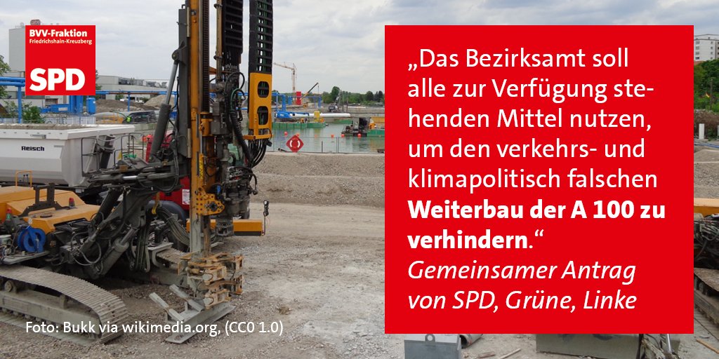 In die #BVVXhain bringen wir zusammen mit <a href="/GrueneXhain/">Grüne Xhain</a> und <a href="/LinkeXhain/">Linksfraktion Friedrichshain-Kreuzberg</a> noch einen Dringlichkeitsantrag ein: "Mobilitätswende beschleunigen statt Autopolitik von vorgestern machen: #A100Stoppen". Link zur Drucksache: berlin.de/ba-friedrichsh…