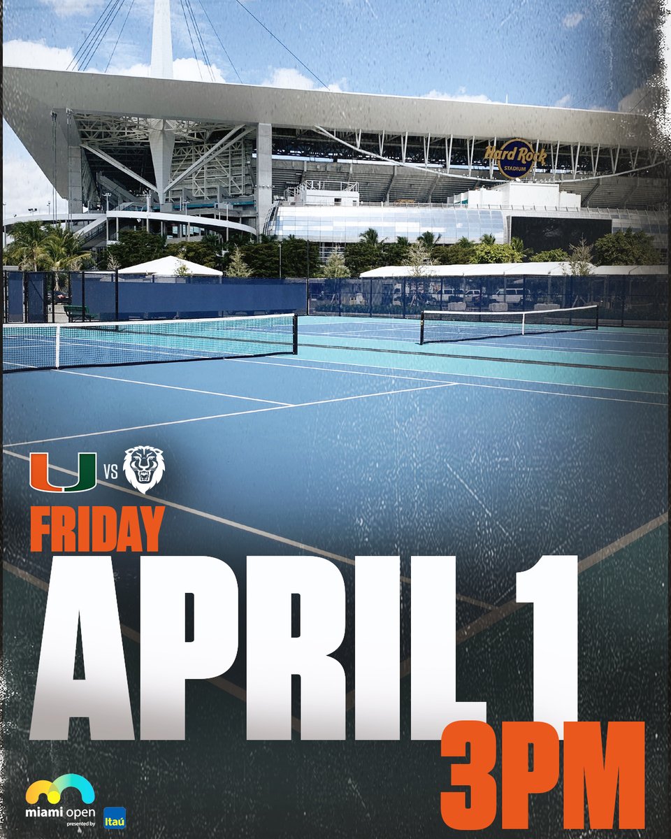 CanesWTennis's tweet photo. 🚨 UPDATE 🚨

Our match Friday against Columbia at @HardRockStadium has been moved up two hours and will begin at 3 p.m. https://t.co/IC26XJ4ZWx