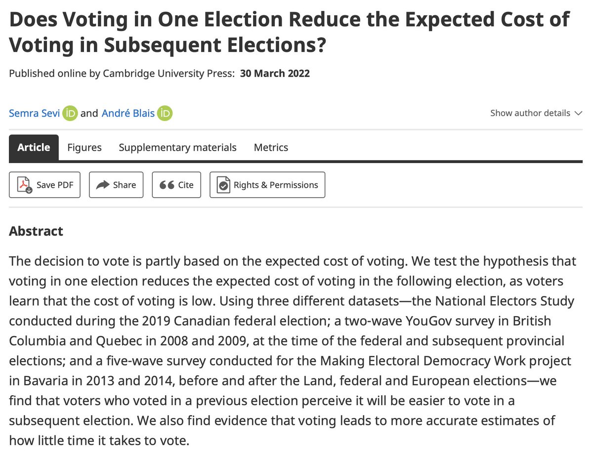 Two new articles out in <a href="/CJPS_RCSP/">CJPS_RCSP</a> with @marco_m_avina &amp; <a href="/ablais_/">André Blais</a>!
1)  Using a decade's worth of data we find that local candidates matter
2) Using three different datasets we find that voters who voted in a previous elxn perceive it will be easier to vote in a subsequent elxn