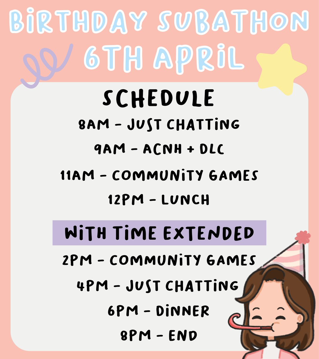 HALLO FRIENDS <3 I'm doing my first ever subathon in celebration of my birthday! BUT the main goal is just to spend time with you guys and hang out :D Hope to see y'all there!

✨6th April 2022✨
✨8am BST / 3pm SGT✨