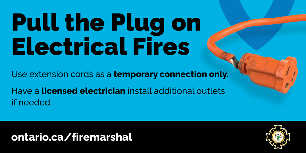 ONFireMarshal's tweet image. Extension cords should only be used as a temporary connection. If permanent wiring is required, have additional outlets installed by a licensed electrician. #ONfire #firesafety
