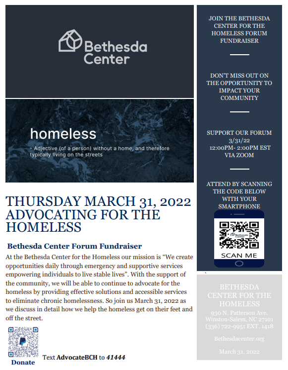 BethesdaCTR's tweet photo. Join us for our 1st virtual forum March 31, 2022, 12pm - 1:30 pm as we discuss impacts of homelessness in the Greater Triad. We seek your advice regarding our service and advocacy. We want our next years to help those experiencing homelessness "off the street, and on their feet"! https://t.co/mSSrWxGzFW