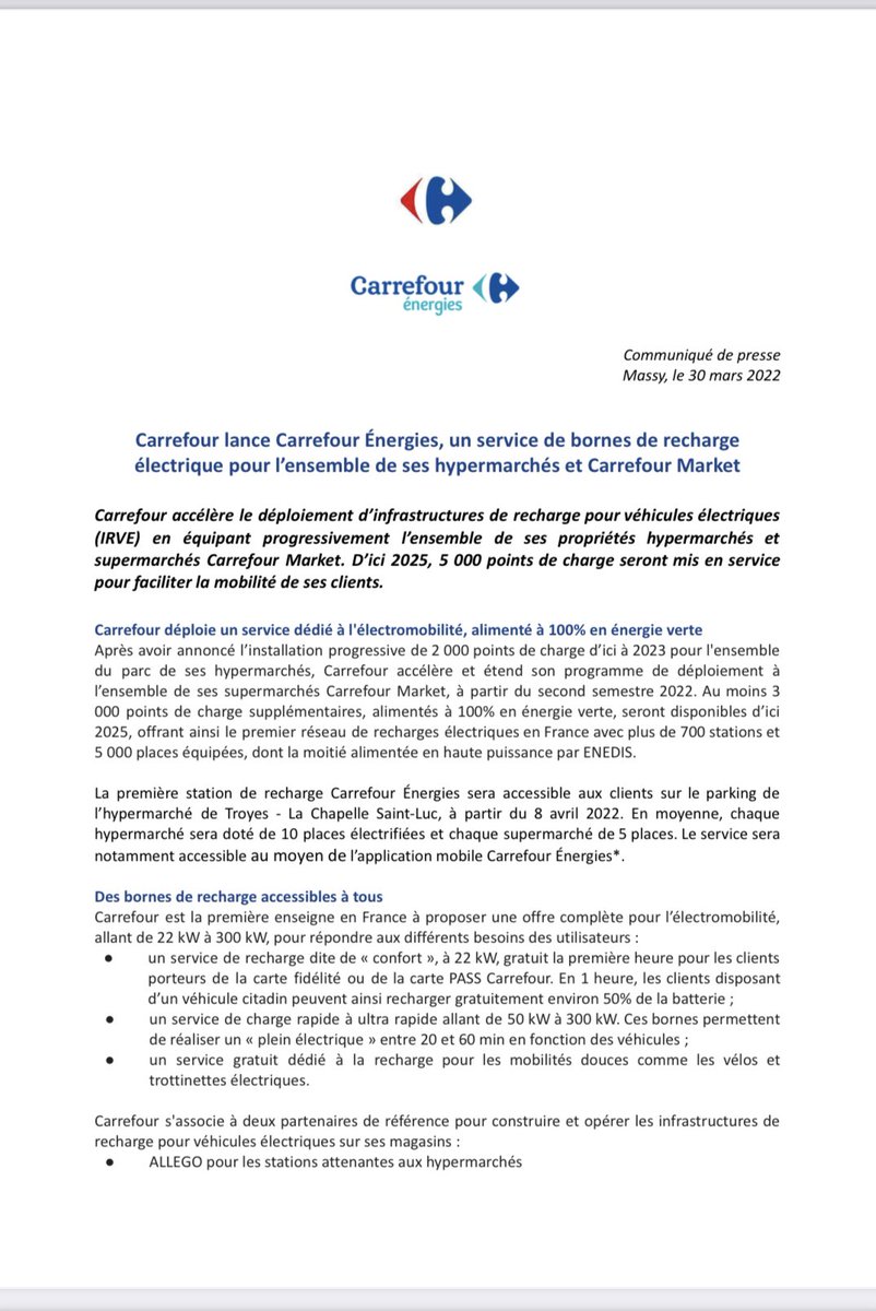 FBayre's tweet photo. Lancement de #carrefour #energies , un service de bornes de recharge électrique ⚡️⚡️pour l ensemble de ses #hypermarches et #markets @CarrefourFrance @JALNanty @SVanhoove #property 👇 https://t.co/ml5bYASXfB