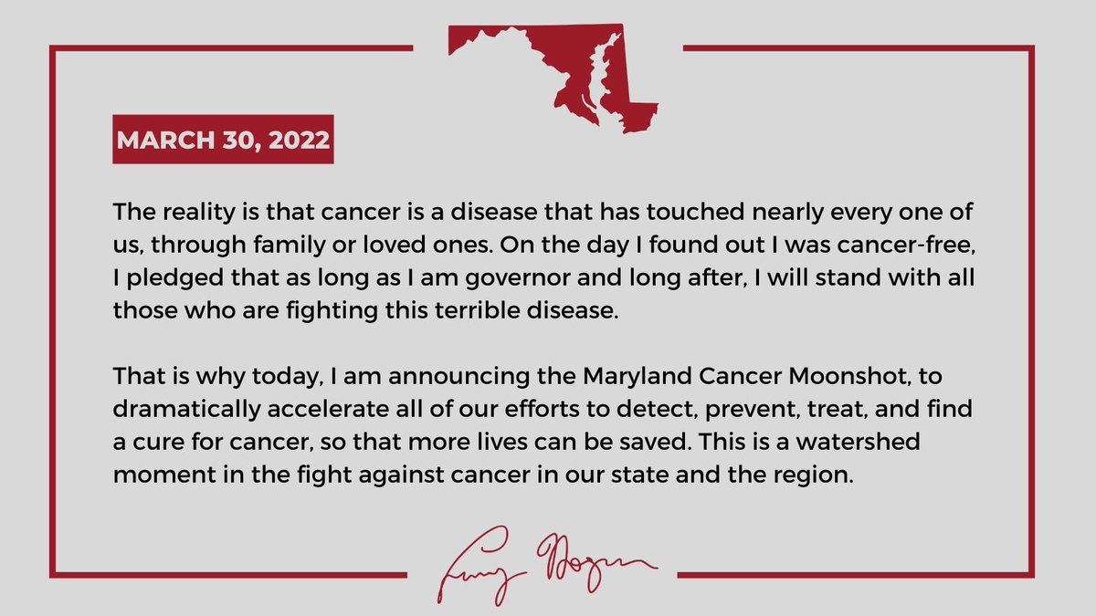 GovLarryHogan's tweet photo. Today, I am announcing the Maryland Cancer Moonshot, to dramatically accelerate all of our efforts to detect, prevent, treat, and find a cure for cancer, so that more lives can be saved.

Read my full statement: https://t.co/l9KU5oudIY