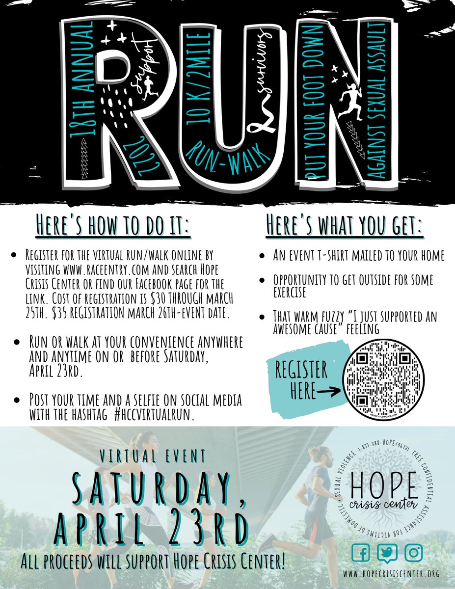 HopeCrisis's tweet photo. Have you registered for Hope Crisis Center's "Put Your Foot Down Against Sexual Assault" Run/Walk yet? 
#saam #runwalk #supportsurvivors 
https://t.co/XsHS5ft2Tr https://t.co/nSS5NBCohb