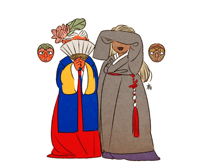 양주별산대 탈놀이에 등장하는 연잎과 눈끔적이는 천신과 지신이라고도 하는데 이들의 눈에 생명이 비치면 죽기 때문에 부채와 장삼소매로 얼굴을 가린다고 한다. 