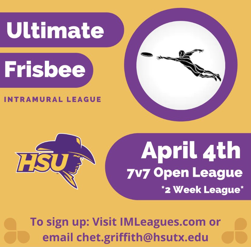 HSUTX_UREC's tweet photo. Ultimate Frisbee Sign Up! 7v7 Open league meaning any amount of guys and girls. Sign up on https://t.co/Myn8W2toJU https://t.co/6jc5lmOZfi