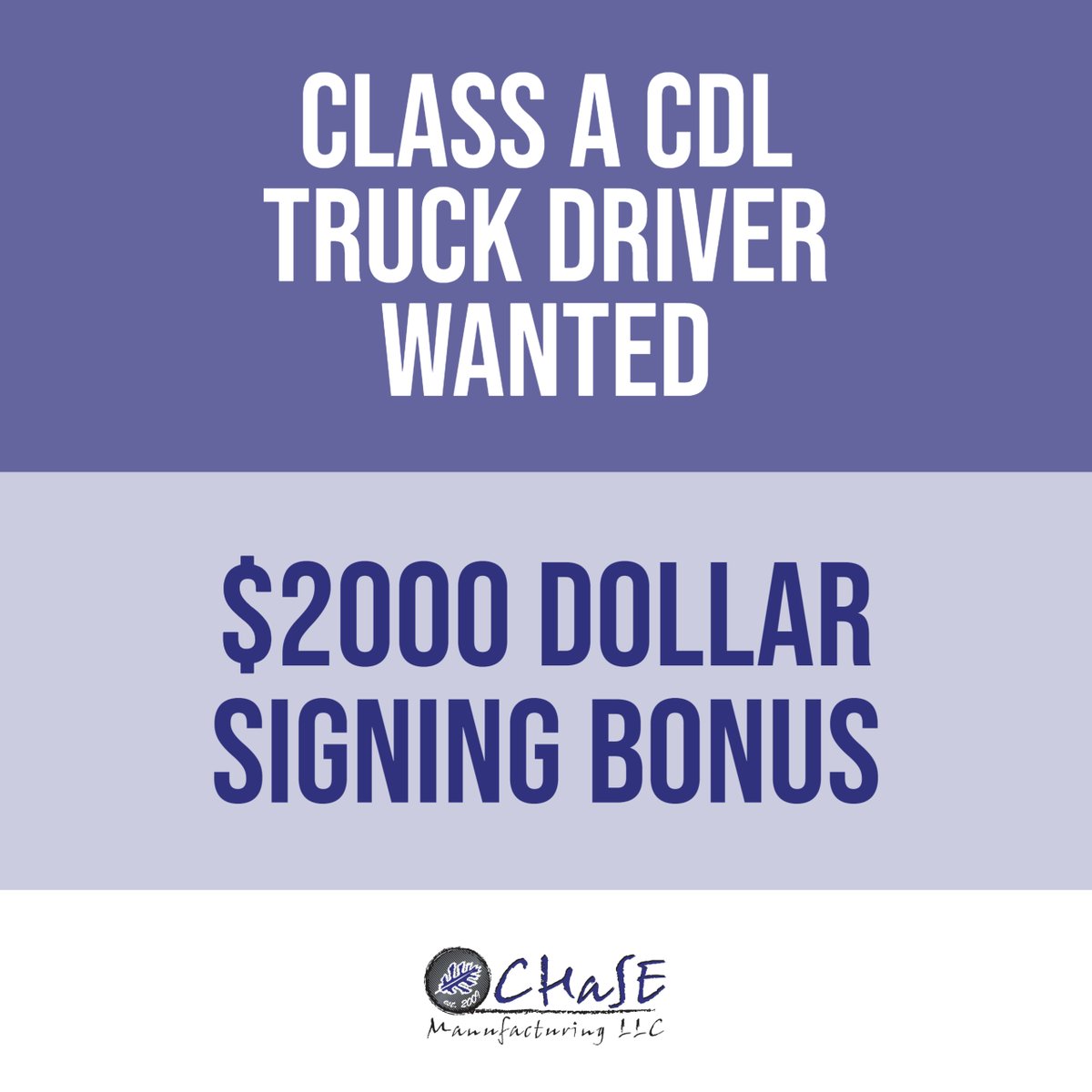 CHaSE is offering a $2000 signing bonus to a skilled and motivated truck driver with a current CDL license in the state of Indiana. If you or someone you know would be interested, please submit an application to kathye@chasemfg.com or on our website at chasemanufacturing.com