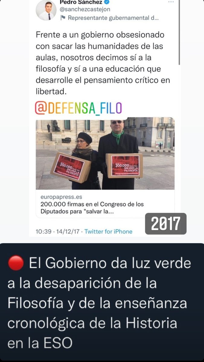 No entendemos este cambio de opinión  @Educacion_PSOE desde 2017. La realidad es que la Filosofía y la ética desaparece de la ESO, poniendo en su lugar una única hora semanal de Valores cívicos y éticos, asignatura que NO TIENE CONTENIDO FILOSÓFICO #filosofíaobarbarie