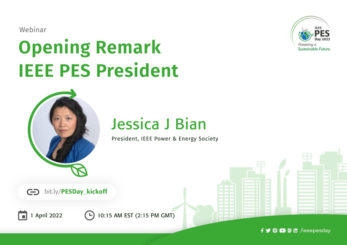 ieeepesday's tweet photo. Dear esteemed ambassadors, are you ready? We are excited to Opening Remark IEEE PES President Session.
Join us on 1st April at 10:15 AM EST (14:15 HRS GMT).
Joining Link: https://t.co/E3mtbwFOtb
#IEEEPES
#IEEEPESDAY
#IamPESVolunteer
#IEEEPESDay2022
#MorePowerToTheFuture https://t.co/rC7zGfJltt