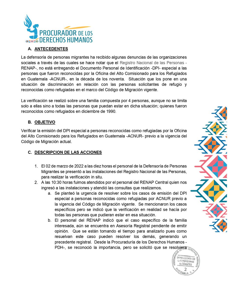 PDHgt's tweet photo. #HallazgosPDH #ConclusionesPDH y #RecomendacionesPDH de verificación de la emisión del Documento Personas de Identificación (DPI)  especial para personas reconocidas como refugiadas previo a la vigencia del Código de Migración
https://t.co/2Zbbevt832 https://t.co/32E0yRaYnd