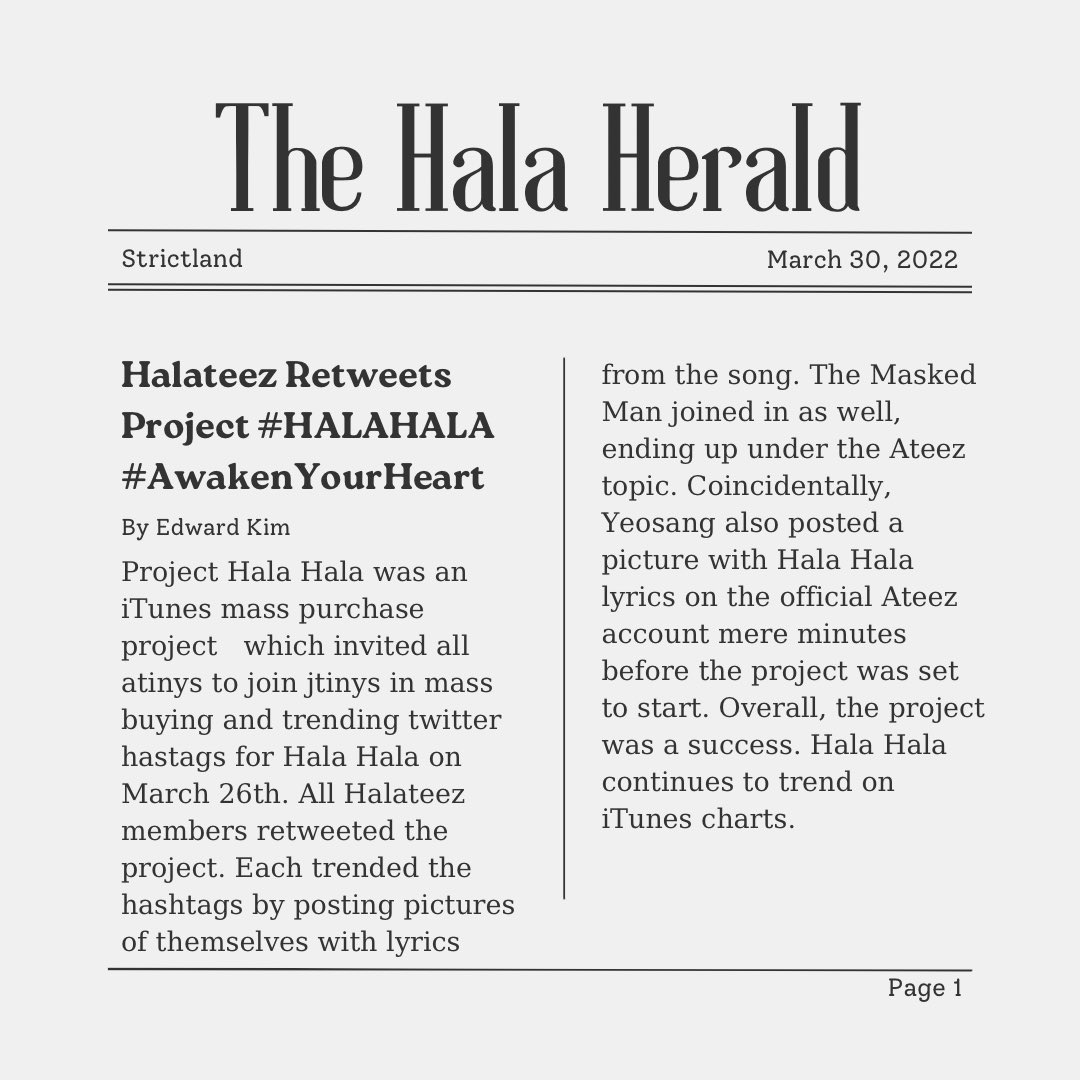 Ha1aReporter's tweet photo. [📰] Wednesday: 03.30.22

Project Hala Hala is a Success!!!

#HalaHerald #HalaUpdate #Halateez #ATEEZ #에이티즈 https://t.co/2arOzpp41X