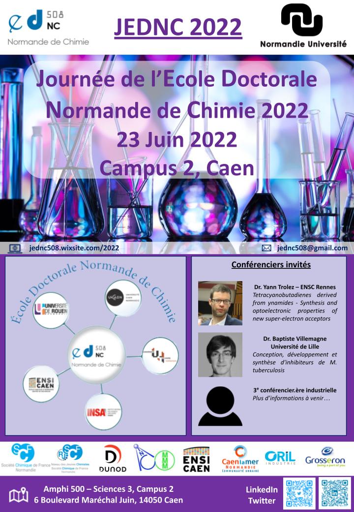 JEDNC508's tweet photo. This year, the Journée de l’Ecole Doctorale Normande de Chimie is back for a new edition. It will take place in Caen, the 23rd of June 2022. 

More informations on the way...

#jednc #jednc2022 https://t.co/J5a8h2Z9sV