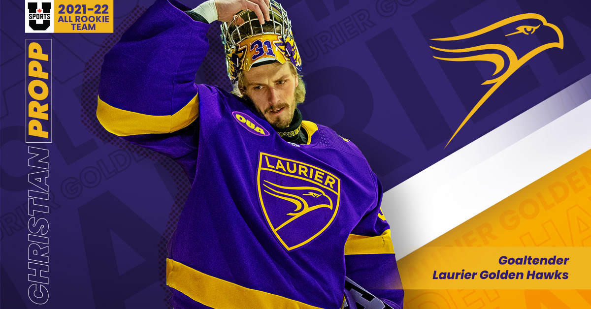 WLUAthletics's tweet photo. The real deal. 🤩

@LaurierHockey goaltender Christian Propp (@cproppsauce33) has been named to the 2021-22 @USPORTS_Hockey All-Rookie Team! 

📰 https://t.co/wccrFMQm7A

#SoarAbove · #Laurier https://t.co/SoNSHgVe7i