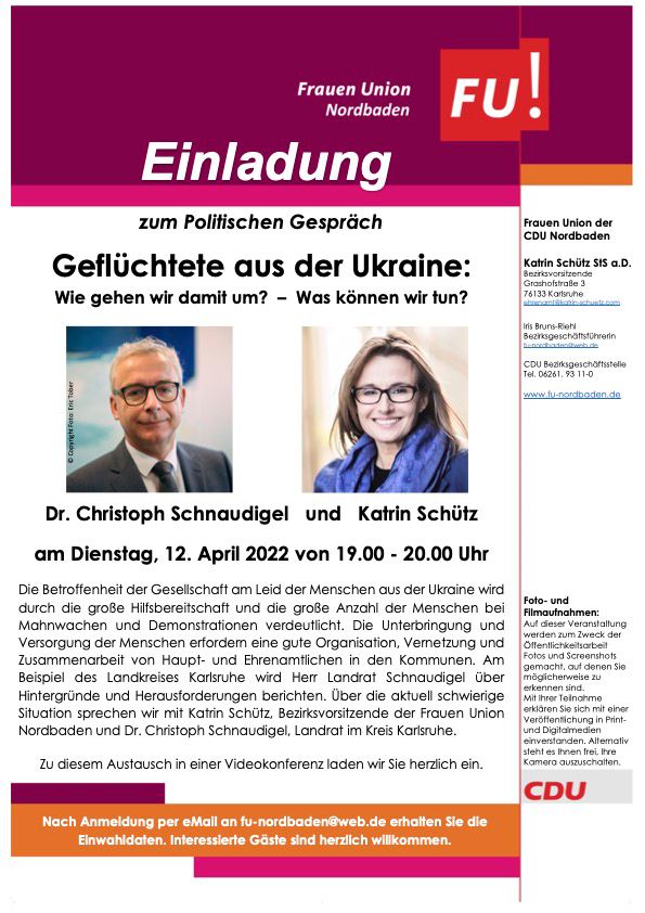 Katrin.Schuetz (@schuetzkatrin) on Twitter photo "Geflüchtete aus der Ukraine:
Wie gehen wir damit um? - Was können wir tun?"
Anmeldung an fu-nordbaden@web.de
#Ukraine #Kommune #ehrenamt #miteinander "Geflüchtete aus der Ukraine:
Wie gehen wir damit um? - Was können wir tun?"
Anmeldung an fu-nordbaden@web.de
#Ukraine #Kommune #ehrenamt #miteinander
