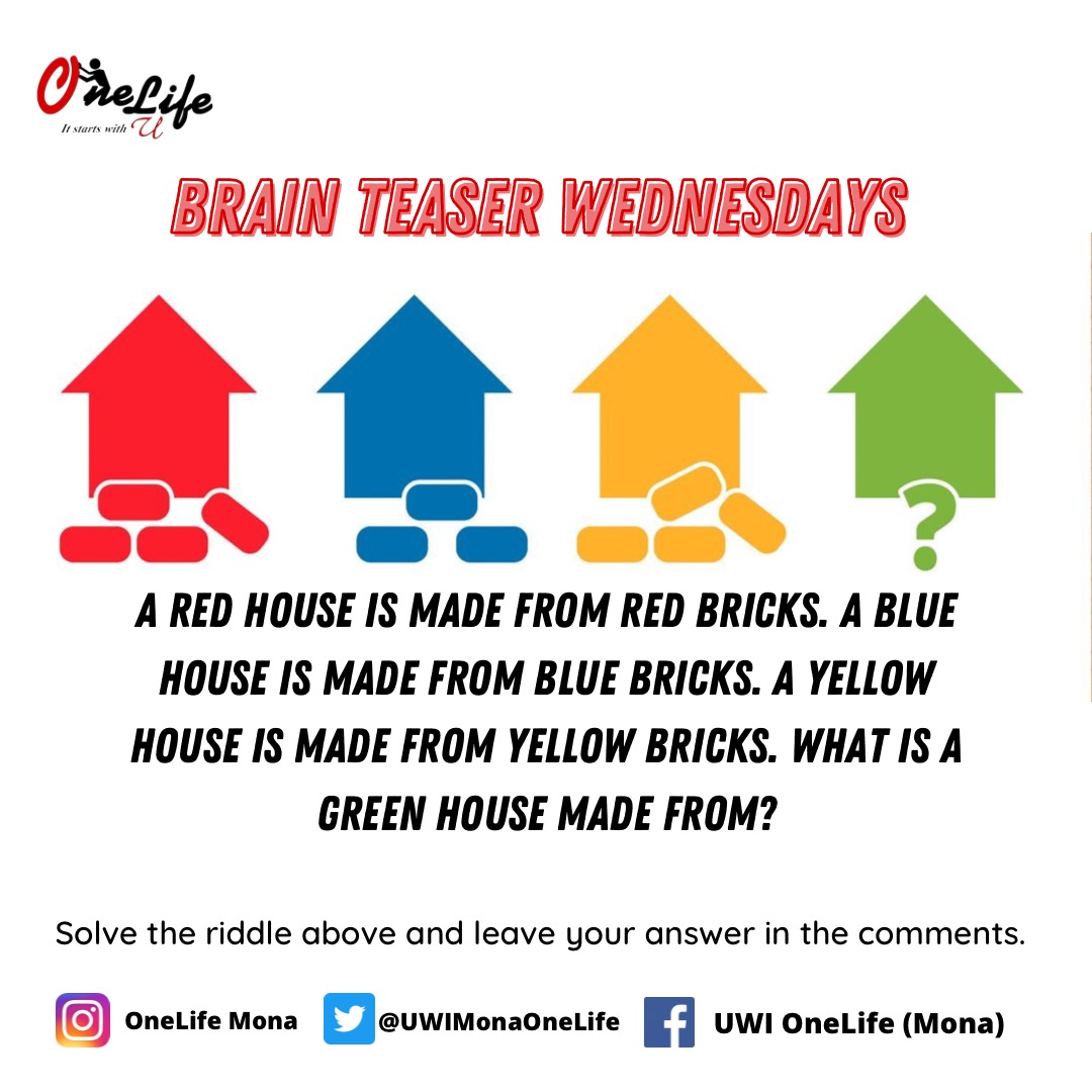 UWIMonaOneLife's tweet photo. Brain Teaser Wednesday!🧠🧩 Let's see who can guess this week's riddle. Leave your answer in the comments below🥳.
#brainteaser #riddle #UWIOneLife #ItStartsWithYou🔴 https://t.co/PIdLDgO8Oj