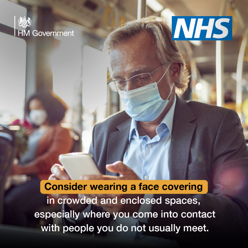 DHSCgovuk's tweet photo. ✅ Consider wearing a face covering in crowded, enclosed spaces

✅ Get vaccinated

✅ Try to stay at home if you are unwell

✅ Wash your hands

Take these steps to reduce the risk of catching and spreading #COVID19.