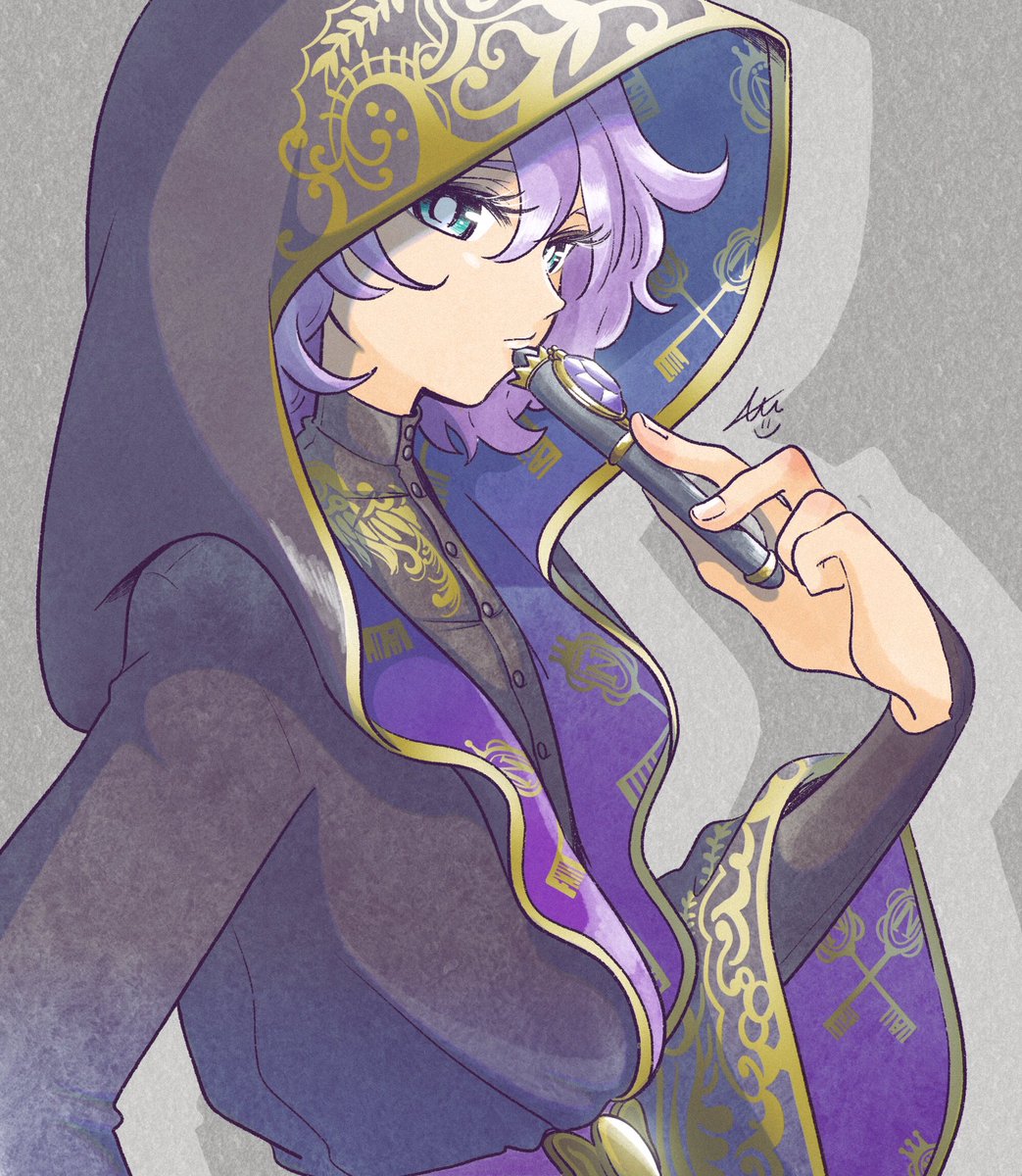 solo 1girl hood purple hair long sleeves short hair grey background  illustration images