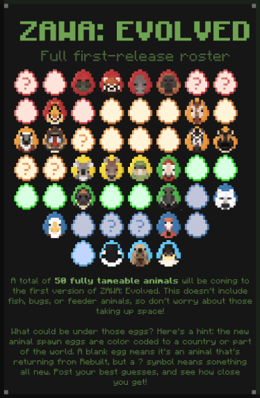 zawamod_evolved's tweet photo. Its about time we posted our updated roster, while not all revealed animals are in the current beta what new animals are there to come! Send us your best guesses! https://t.co/vqUxOwGEoS