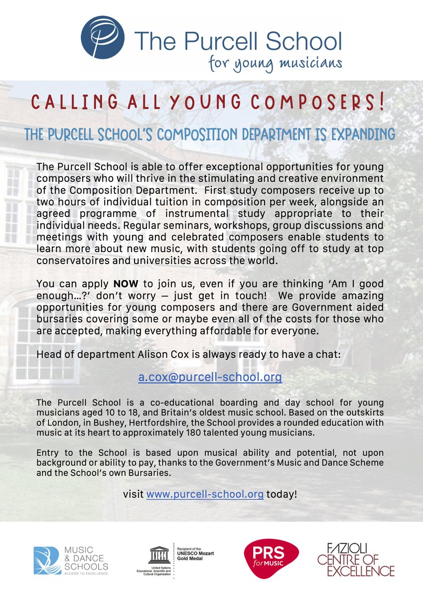 Daniel Fardon (@danielfardon) on Twitter photo The <a href="/PurcellSchool/">The Purcell School for Young Musicians</a> Composition Department is expanding!
PLEASE SHARE FAR AND WIDE!
We offer exceptional opportunities for young composers who will thrive in the stimulating and creative environment; see the flyer for more information.
purcell-school.org The <a href="/PurcellSchool/">The Purcell School for Young Musicians</a> Composition Department is expanding!
PLEASE SHARE FAR AND WIDE!
We offer exceptional opportunities for young composers who will thrive in the stimulating and creative environment; see the flyer for more information.
purcell-school.org