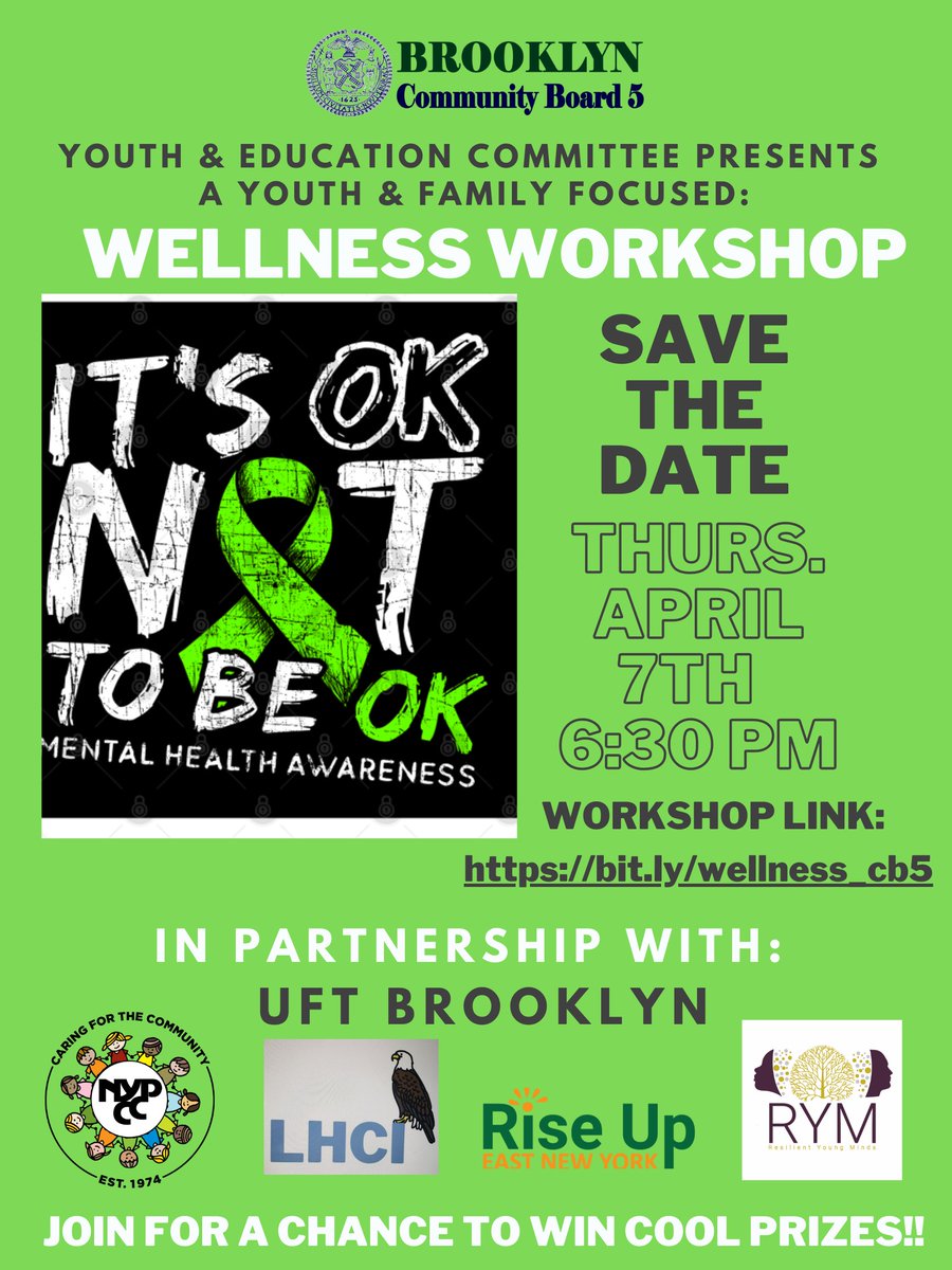 RiseUpENY's tweet photo. Join the Youth &amp; Education Committee on Thursday, April 7th at 6:30pm for a "WELLNESS WORKSHOP" 💚💚

https://t.co/tCCt59zPKJ

#Health #MentalHealth #MentalHealthAwareness #Prevention #RiseUpENY #Brooklyn #NYC https://t.co/PI60p1DJAp