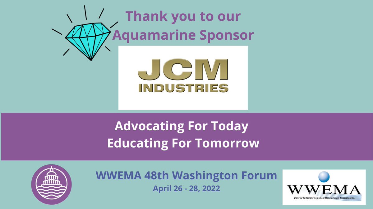 WWEMAtweets's tweet photo. #WWEMA is grateful for its generous 48th Washington Forum Meeting sponsors! Thanks for your support, Aquamarine Sponsor, @JCMINDUSTRIES. Join us on April 26-28 in Washington, DC as part of #WaterWeek2022. Register at https://t.co/r7917GaDL4. #WashingtonForum2022 #WouldNotMissIt https://t.co/zDiNWcZjRo
