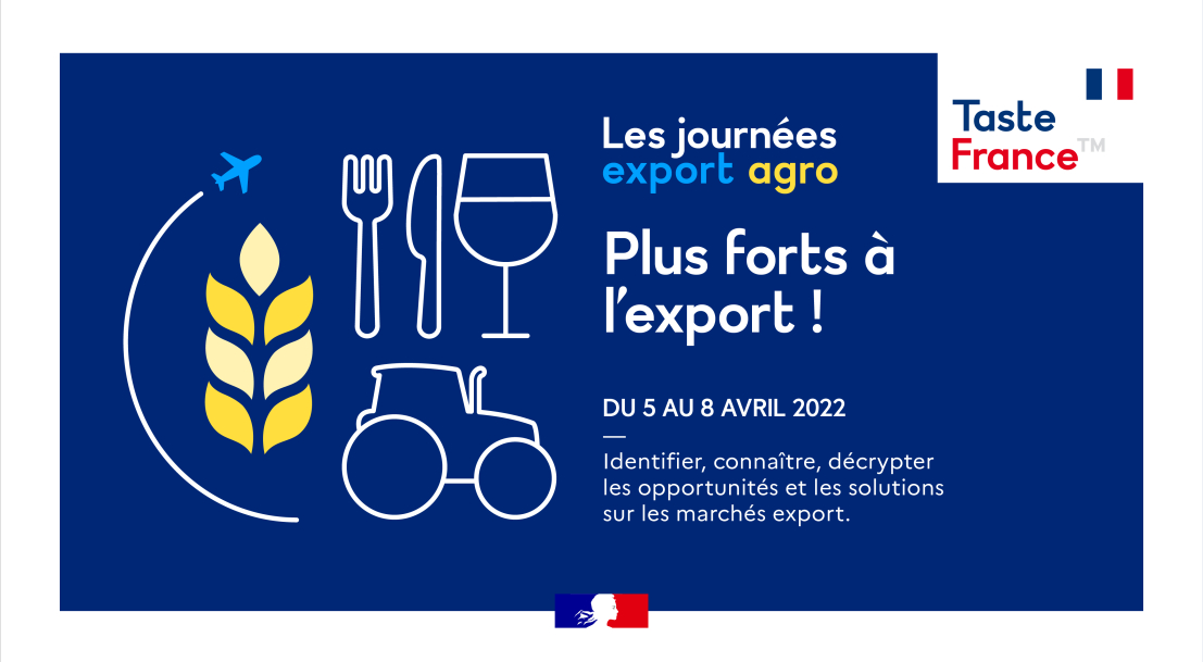 Participez aux Journées Export #Agro 2022 du 5 au 8 avril - Pour les PME et ETI #agroalimentaires qui souhaitent se développer ou se renforcer à l’#export ! ✈️
▶️Découvrez le programme des 4 jours de webinaires : lnkd.in/dXU4FBt8

#JEA <a href="/businessfrance/">Business France</a> <a href="/Agri_Gouv/">Ministère Agriculture et Souveraineté alimentaire</a>