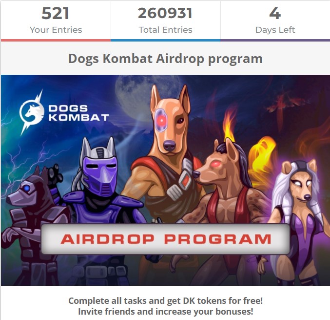 📣 Only 4 days left!
💎 Hurry up to get DK tokens for free!

So far, 260 931 entries from 8550 participants have been received

681 000 000 DK / 260 931 = 2610 DK per entry 🔥

gleam.io/GK7vF/dogs-kom…

#nft #airdrop #ElonMusk #dogecoin