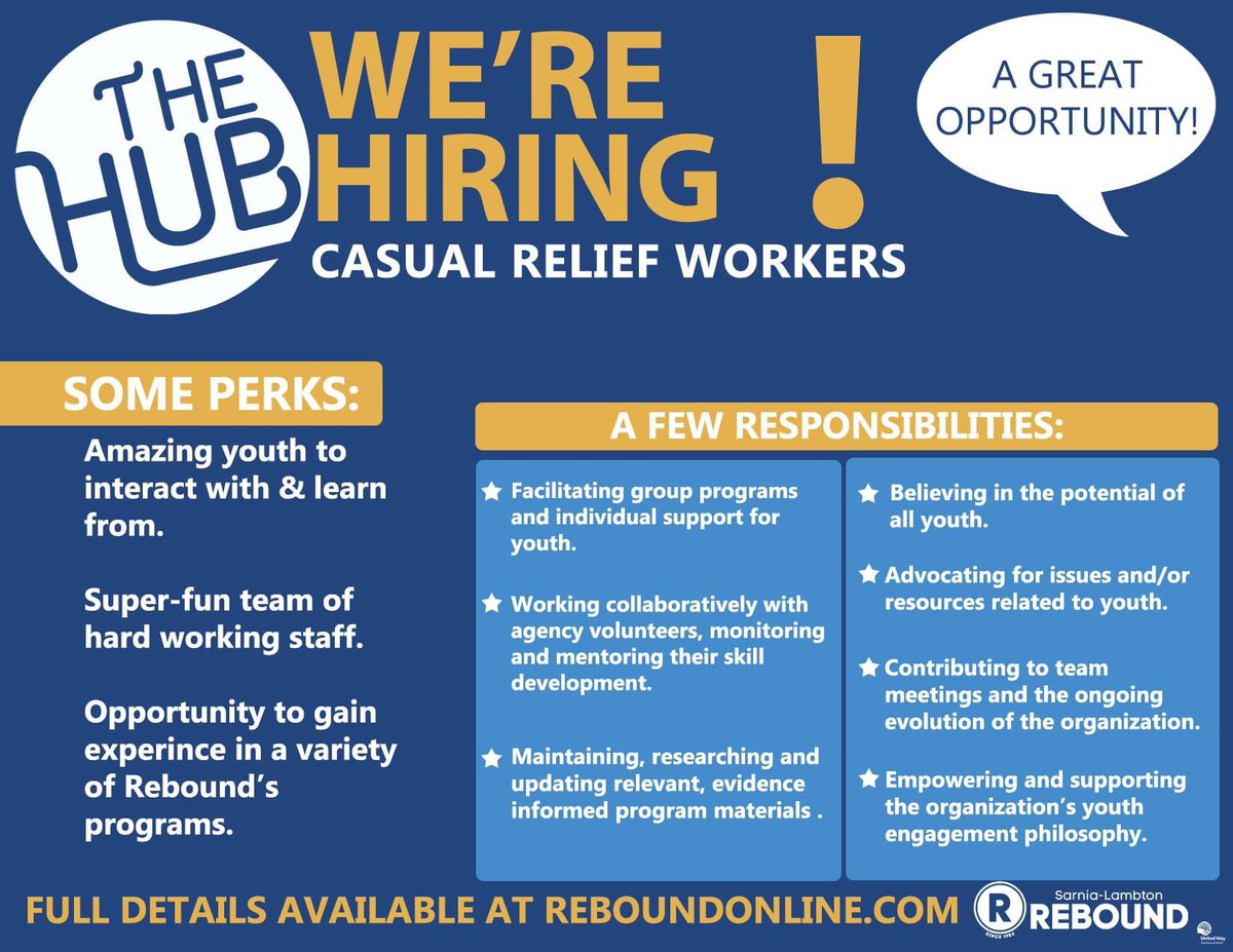 Have you ever wondered what it's like to be part of a supportive, fun and amazing team of professionals, ALWAYS focused on the well-being of youth and doing all they can to ensure their success? Then this is your opportunity! 

Visit reboundonline.com/jobs/casual-re… for details