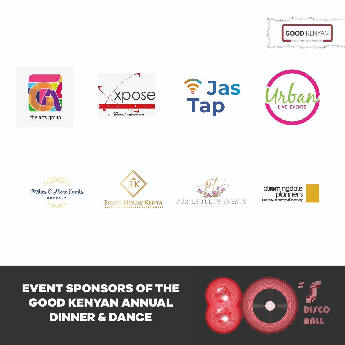 GoodKenyann's tweet photo. Grateful to these #GoodKenyan #EventCompanies that have pulled all stops to ensure for our #80sedition #PartyforaGoodCause. The sponsorship means that the funds from #Ticketsales will go directly towards #youth we serve. Thank you https://t.co/xKhVW9cMQK