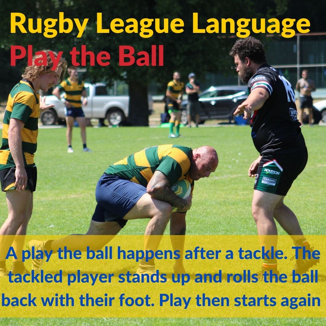 RugbyLeagueBC's tweet photo. When a tackle happens in Rugby League a "Play the Ball" occurs. The ball gets rolled back to the hooker or another player on the same team to then pick up the ball and continue the play. 

#rugbyleague #RLBC #rugbyleaguelanguage https://t.co/f5awr46CWh