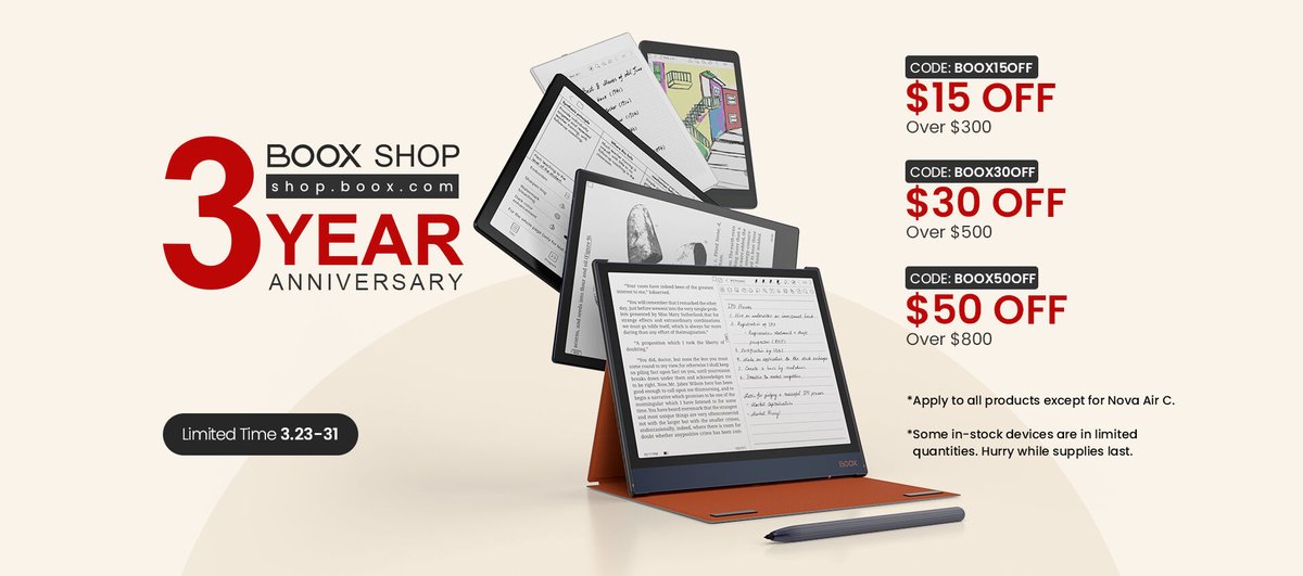OnyxBoox's tweet image. Last chance to seize offers at shop.boox.com!

You can get $30 off  #Note5, $50 off #MaxLumi2, $15 off #Nova3Color. You just need to add either a tote bag or a set of tips along with #NoteAir2, save $30 on it. Find the right order mix for you and do not miss the deals!