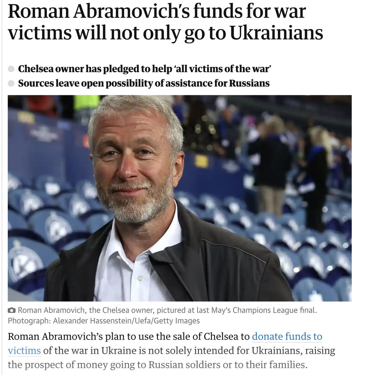 The best thing I found was a press release stating that proceeds from the sale of Chelsea FC would go to some sort of fund “for the benefit of all victims of the war in Ukraine”. I guess we should thank Abramovich for courageously calling it a war and not a ‘special operation’.