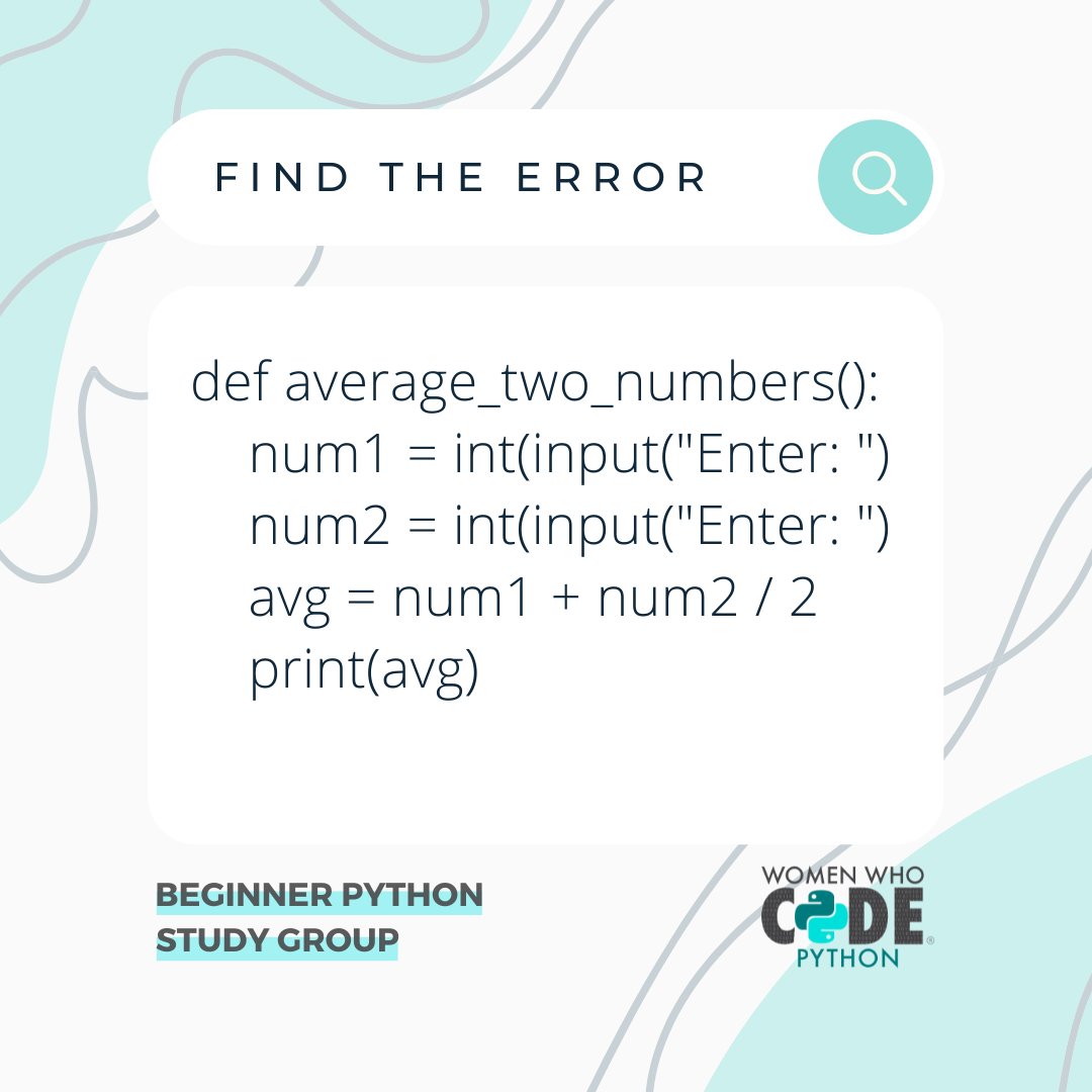womensoftwarepy's tweet photo. What is the error in this block of code?!

HINT: https://t.co/OBl45VnZpI

#womenwhocode #wwcode #python #beginnerpython #variables #learnpython #beginnerpythonstudygroup #python101 #pythoncoding #pythoncode #pemdas #functions #pythonprogramming #wwcodepython https://t.co/LquLc5V4EN