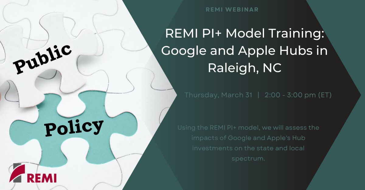 Tomorrow 2 - 3 (ET), we have a webinar, “REMI PI+ Model Training: Google and Apple Hubs in Raleigh, NC." Our analyst, Guyesha Blackshear, will demonstrate how the REMI PI+ model can assess the impacts Google and Apple hubs will have on a city.

Register: remi.com/event/remi-pi-…
