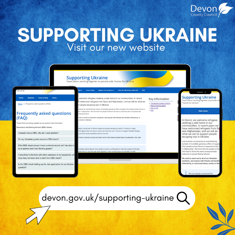 DevonCC's tweet photo. 💛 In Devon, we welcome refugees seeking a safe home in our communities and we're supporting local residents who want to provide sanctuary to people fleeing #Ukraine.

A new website hosts the latest guidance and information as it becomes available 👇

#StandWithUkraine