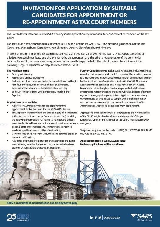 SelanaLaw's tweet photo. Invitation for applications for candidates for appointment as tax court members. More information: https://t.co/FuTjDiUjOy
Closing date: 8 April 2022 at 16:00 https://t.co/LfExJco19u https://t.co/vzlnyfSLtr