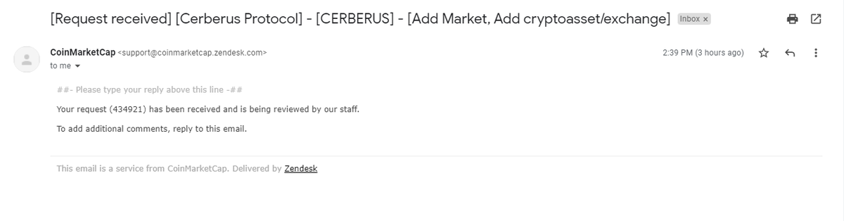 CerberusAPY's tweet photo. @CoinMarketCap my ticket number for the listing application is 434921. Application was made by @ExtremeMarketer (Telegram) https://t.co/E8WvR2da4w
