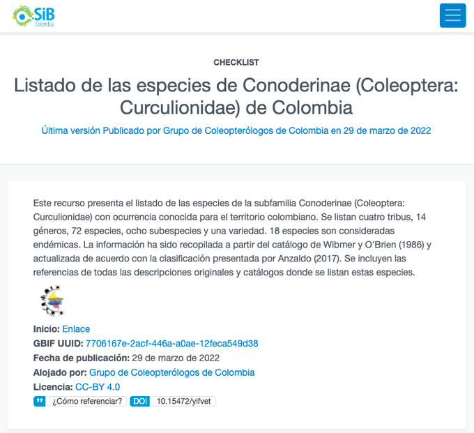 ColeopCol's tweet photo. #Disponible: Listado de las especies de #Conoderinae (#Coleoptera: #Curculionidae) de #Colombia: cuatro tribus, 14 géneros, 72 #especies.
https://t.co/WBw899qXhZ
En @GBIF: https://t.co/2Xqe6Ob4xx
#Checklist #Biodiversidad #ColeópterosDeColombia https://t.co/RGp3hMwTVf
