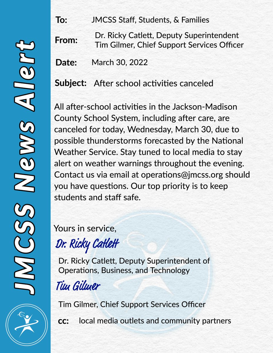 JMCSchools's tweet photo. Contact us via email at operations@jmcss.org should you have questions. Our top priority is to keep students and staff safe. https://t.co/MvNbjuB2R4