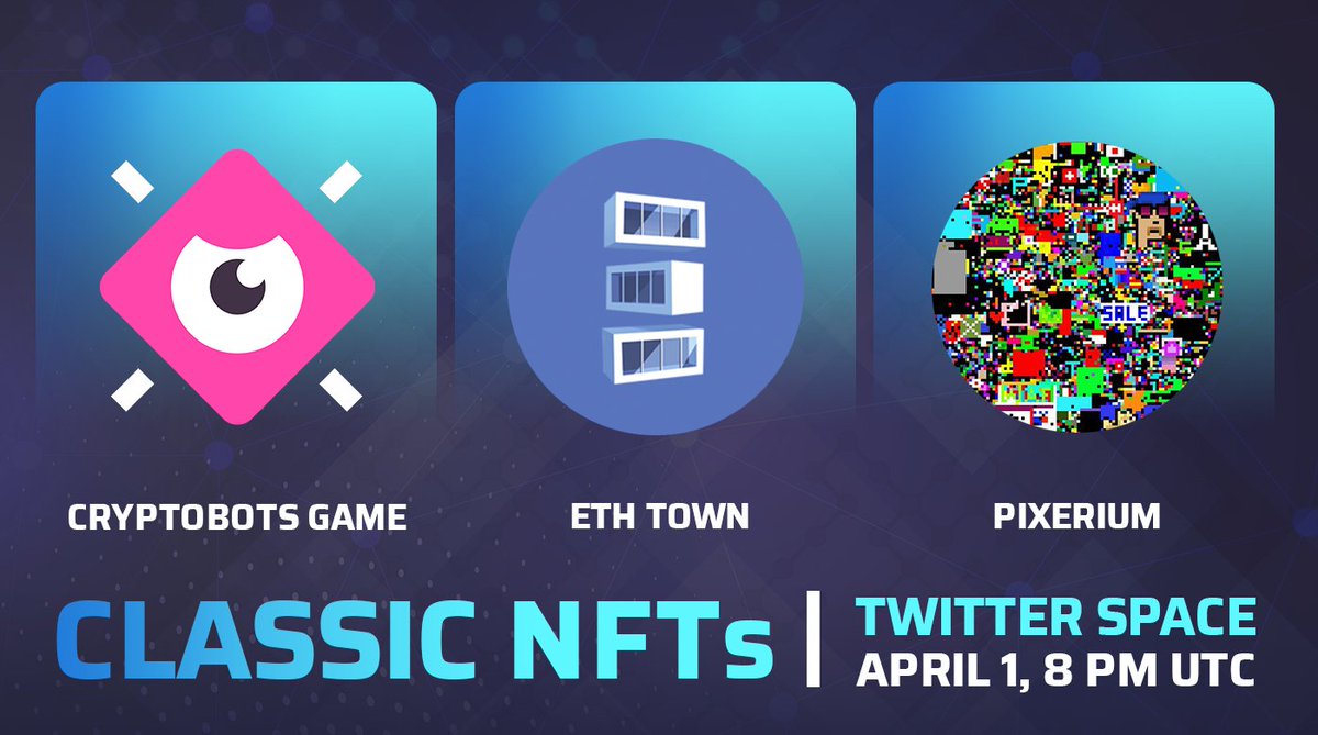 cryptobots_game's tweet photo. Classic NFTs Space with @pixereum and @eth_town! ποΈ
Grab a cup of tea and join us this Friday for a chill talk about historical NFT's!
π
Space date: April 1, 8 PM UTC
π Set up a reminder via the link below π
https://t.co/mU0bMgbgHr
#HistoricalNFTs #ClassicCryptobots https://t.co/T8gdnYzNGZ