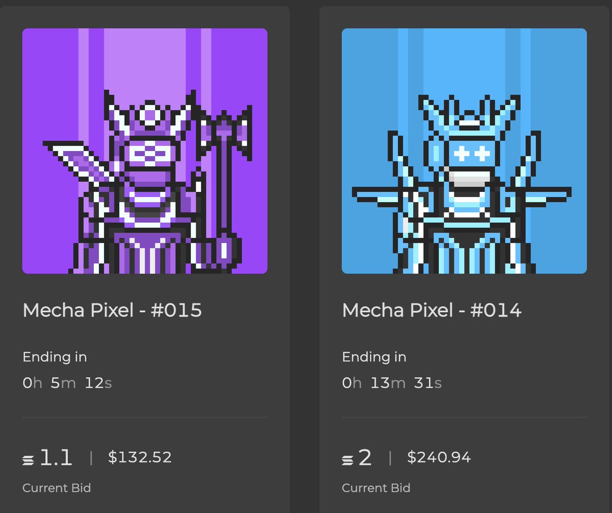 LAST 5-13 MINS OF OUR <a href="/holaplex/">Holaplex</a> AUCTION 🚨

Current bids 👇

Mecha Pixel - #014 - XENIN: 1.1 ◎

Mecha Pixel - #015 - ASTRA: 2 ◎

Auction link:
↳ mechapixel.holaplex.com 🦾