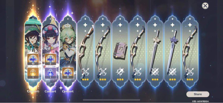 Nyxandco's tweet photo. Two ten pulls in and Ayato came home, then Pulled one ten pull on ventis banner and got constellations for my main! https://t.co/YjccCfX4jC